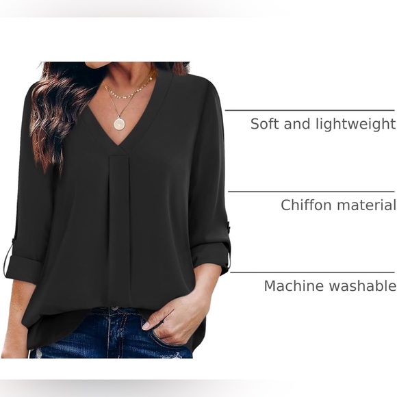 Youtalia Dressy Casual 3/4 Sleeve V Neck Chiffon Shirt Work Blouses, Black, XXL - Picture 2 of 8